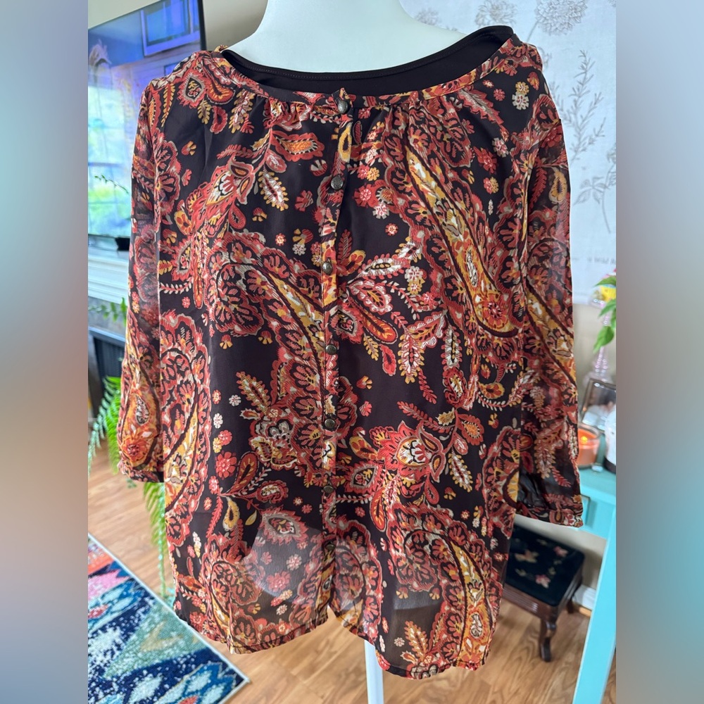 212 Collection Size Large Paisley Sheer Blouse Bohemian